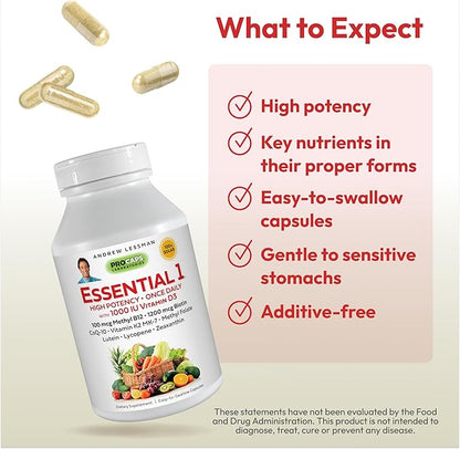 ANDREW LESSMAN Essential-1 Multivitamin 1000 IU Vitamin D3 180 Small Capsules – 100 mcg Methyl B12. CoQ10 Lutein Lycopene Zeaxanthin. High Potency. No Additives. Gentle Ultra-Mild. One Daily Capsule
