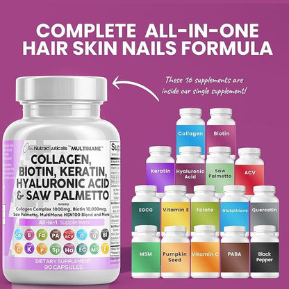 Collagen Pills 1000mg Biotin 10000mcg Keratin 2500mg Hyaluronic 90 Count