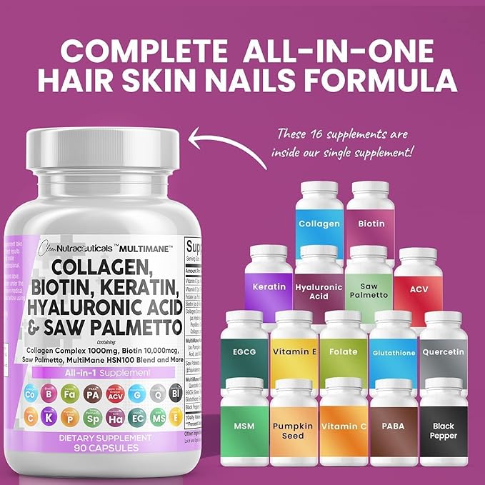 Clean Nutraceuticals Collagen Pills 1000mg Biotin 10000mcg Keratin 90 Count