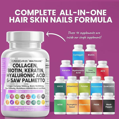 Clean Nutraceuticals Collagen Pills 1000mg Biotin 10000mcg Keratin 90 Count