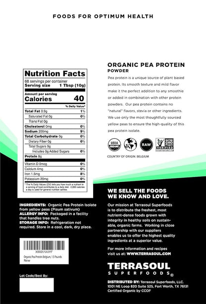 Terrasoul Superfoods Organic Pea Protein, 1.5 Lbs - European Sourced | Unflavored | Smooth Texture