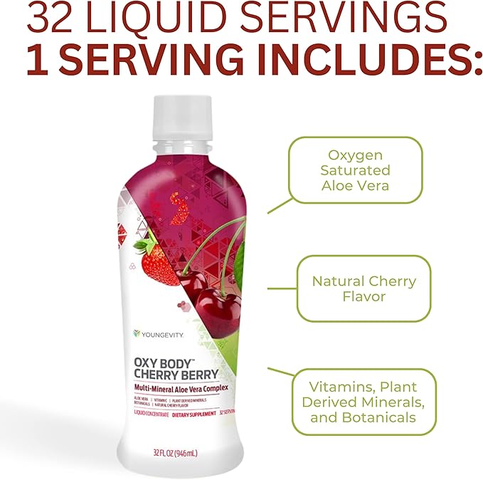 Oxybody Cherry Berry Vitamins Minerals & Botanicals, 32 Fl Oz (Pack of 4) – Aloe Vera Drink with Natural Cherry Flavor – Immunity Juice Full of Vitamins, Minerals and Botanicals - Health Supplement