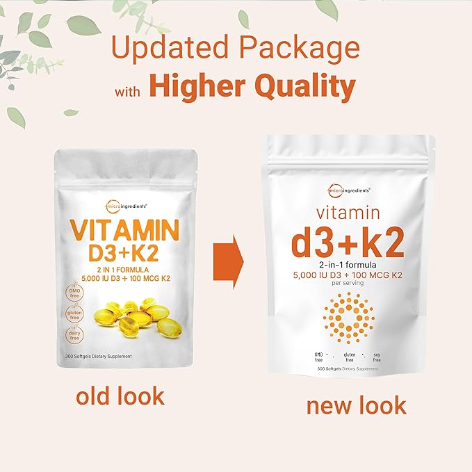 Micro Ingredients Vitamin D3 5000 IU K2 100 100 mcg, 300 Soft-Gels K2 MK-7 MK-7 with D3 Vitamin 2 in 1 Support