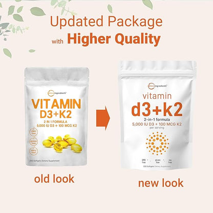 Micro Ingredients Vitamin D3 5000 IU K2 100 100 mcg, 300 Soft-Gels K2 MK-7 MK-7 with D3 Vitamin 2 in 1 Support