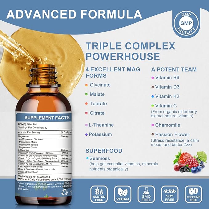 Magnesium Glycinate Liquid Drop - Triple Absorption Supplement to Support Nerves, Night, Heart, Muscles Metabolism* -Sugar-Free with Potassium, L-Theanine, Sea Moss Vitamin B,C,D3, K2-2