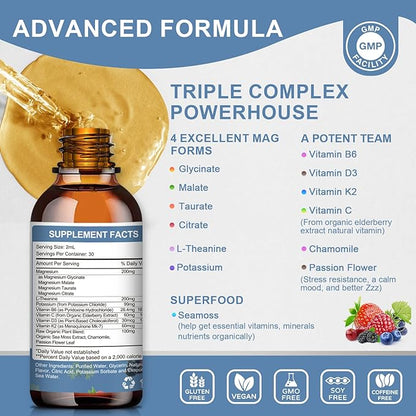 Magnesium Glycinate Liquid Drop - Triple Absorption Supplement to Support Nerves, Night, Heart, Muscles Metabolism* -Sugar-Free with Potassium, L-Theanine, Sea Moss Vitamin B,C,D3, K2-2