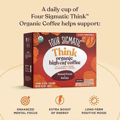 Four Sigmatic High Caffeine Mushroom Coffee K-Cups | Organic Dark Roast Coffee with Lion’s Mane & Chaga | Focus & Immune Support | Vegan & Keto | Sustainable Pods | 24 Count