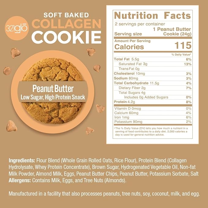 321glo Collagen Cookies | Soft Baked, High Protein Cookies | Low Carb, Low Sugar | Keto Snack for Women, Men, & Kids | 12 Pack (Peanut Butter)