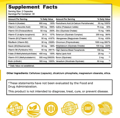 Chelated Daily Multivitamins for Adult Men and Women - Multi Vitamin Supplement with Zinc, Biotin, Iodine, Chromium, Manganese and Vitamins A, B6, B12, C, D and E - 60 Capsules