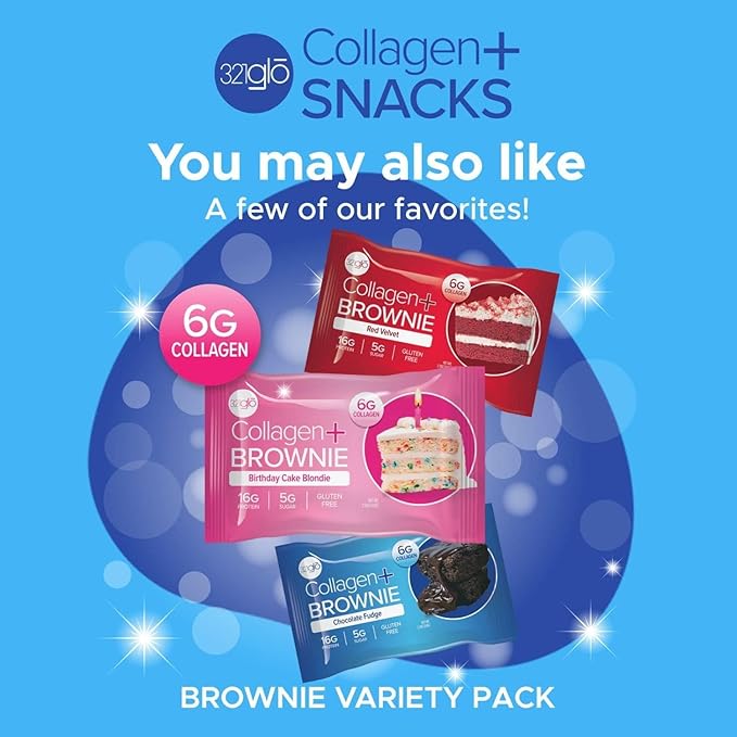 321glo Collagen Protein Brownie | Gluten Free, Low Sugar | Keto Snack for Women, Men, & Kids | 16g Protein, 6g Collagen | 12 Pack (Chocolate Fudge)