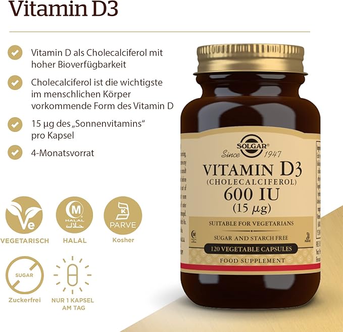Solgar Vitamin D3 (Cholecalciferol) 15 mcg (600 IU), 120 Vegetable 120 Servings