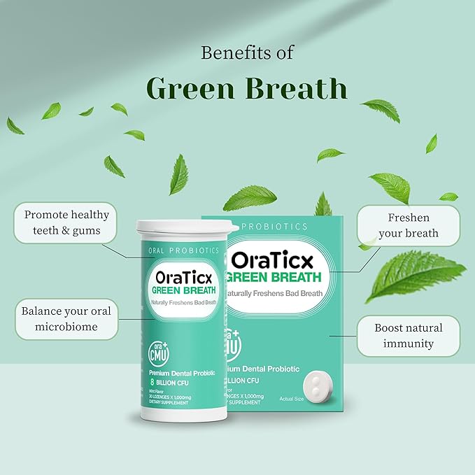 Oral Probiotics Green Breath, Freshen Bad Breath, Dental Probiotic Supplement for Oral Health, 8 Billion CFU, Mint Flavor 30 Lozenges 2-Pack