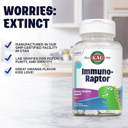KAL ImmunoRaptor Kids Immune Support Chewables, Vitamin C and Zinc for Healthy Cell Function, Dinosaur Shaped, Orange Flavor, Gluten, Lactose, and Peanut-Free, Sweetened with Xylitol, 60 Servings