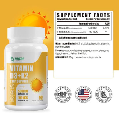 Vitamin D3 K2 with MCT Oil, Vitamin D3 5000 IU and K2 100mcg, Formula 2 in 1 for Bone and Heart Health, Gluten Free - 60 Count Softgels