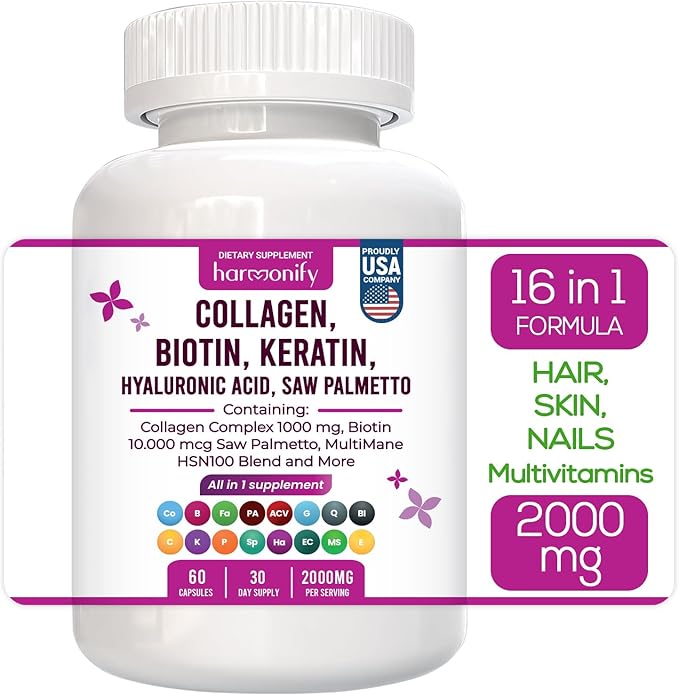 Collagen Biotin Keratin Saw Palmetto Hyaluronic 16 in 1 Capsules, 1000 mg