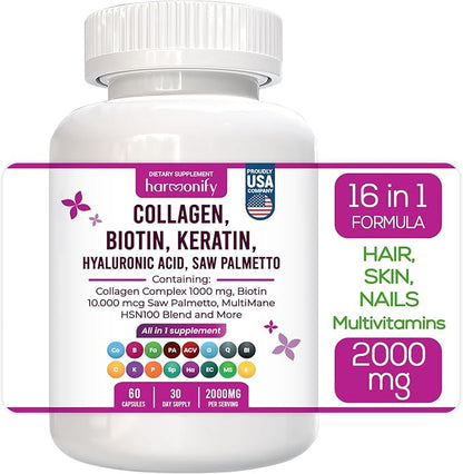 Collagen Biotin Keratin Saw Palmetto Hyaluronic 16 in 1 Capsules, 1000 mg