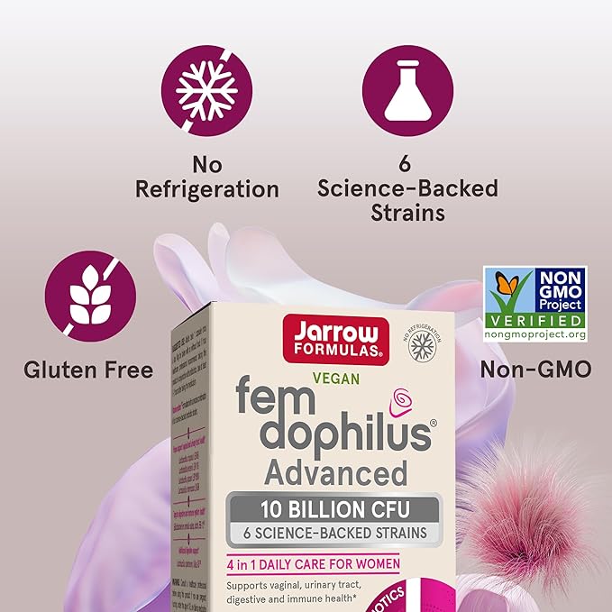 Jarrow Formulas Fem-Dophilus Advanced Probiotics 10 Billion CFU With 6 Science-Backed Strains, For Vaginal, Urinary Tract, Digestive, and Immune Support, 30 Veggie Capsules, Shelf-Stable