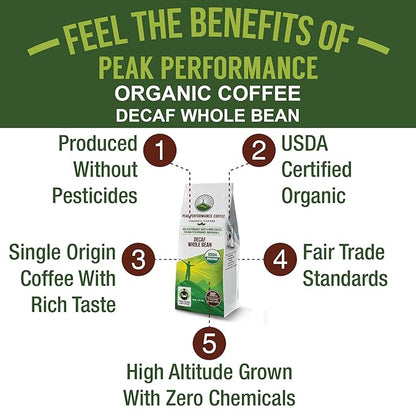 Peak Performance High Altitude Organic Decaf Coffee. Fair Trade, Low Acid, Non GMO, Beans Full Of Antioxidants. Medium Roast Smooth Tasting USDA Certified Organic Decaffeinated Whole Bean Coffee Bag