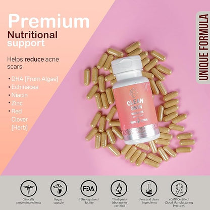 YOU'RE NATURAL Clean Skin Supplement | Acne Support | Skin Support Vitamins for Women, Men & Teens, Vitamin A, Zinc, DHA, Vitamin B3, Vitamin C, Vitamin E - Gluten Free - Made in USA - 60 Capsules