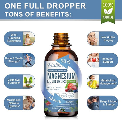 Magnesium Glycinate Liquid Drop - Triple Absorption Supplement to Support Nerves, Night, Heart, Muscles Metabolism* -Sugar-Free with Potassium, L-Theanine, Sea Moss Vitamin B,C,D3, K2-2