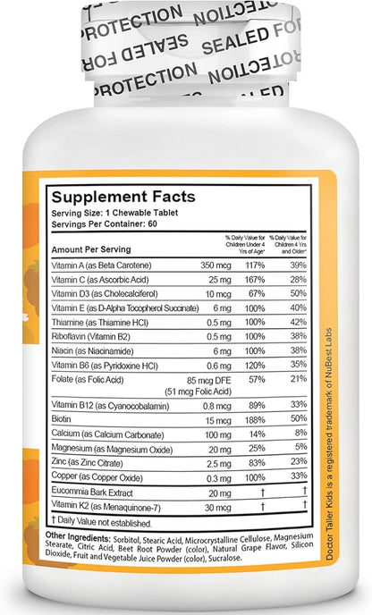 NuBest Doctor Taller Kids with Multivitamins, Multimineral, Calcium Chewable Tablets, Calcium Supplement for Kids Ages 2 to 9 - Grape Flavor - Helps Kids Healthy - 12 Pack