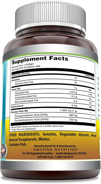 Amazing Omega Fish Oil Supplement Omega-3, 180 180 mg 120 mg 1000 Mg 400 Softgels