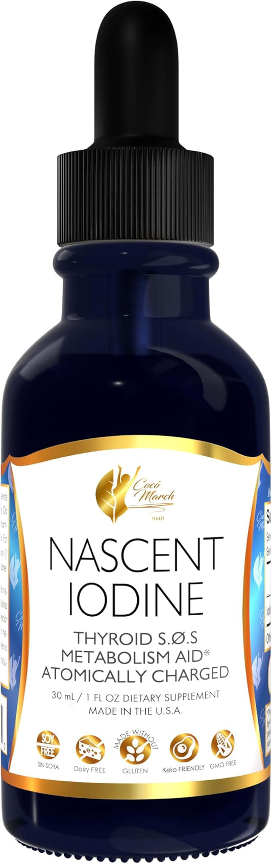Coco March Nascent Iodine-Magnetized Iodine High Concentration, Thyroid & Metabolism Support, Gluten Free, Keto Friendly, Dairy Free, Soy Free, GMO Free, 1050 mcg Per Serving, 1 fl oz -500 Servings