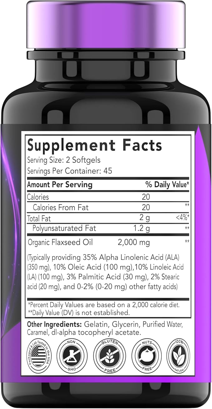 Organic Flaxseed Oil Softgels: 2000 mg 90 Softgels Omega-3 Fatty