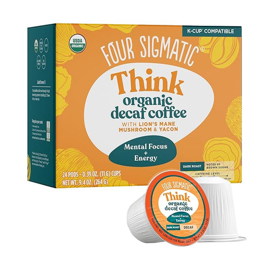 Four Sigmatic Decaf Mushroom Coffee K-Cups | Organic Dark Roast Coffee with Lion’s Mane & Yacon | Focus & Immune Support | Vegan & Keto | Sustainable Pods | 24 Count