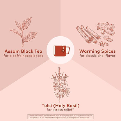 Organic India Tulsi Masala Chai Tea Bags - Holy Basil, Black Tea, Spices with Ginger, Stress Relieving, Immune Support, USDA Certified Organic, Antioxidant, Caffeinated - 18 Infusion Bags, 6 Pack