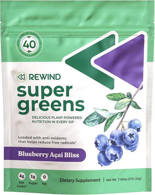 Rewind Greens - Super Greens Powder - Delicious Green Juice Drink Mix with Amazing Flavor - Over 40 Superfoods - Vitamin B12, Zinc, Vitamin C, Magnesium, and Calcium - Blueberry Acai Bliss