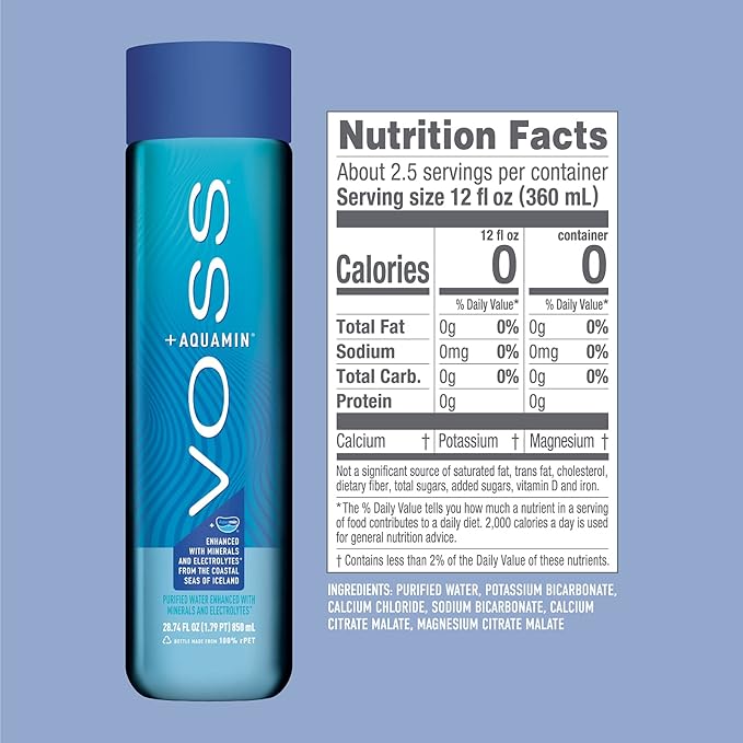VOSS+ Aquamin Enhanced Water - Pack of 12 Bottles, 850ml Each - Purified Hydrating Water - 74 Trace Minerals & Electrolytes - Perfect for Active Lifestyles, at the Gym & on Hot Days - Recycled PET Bottle