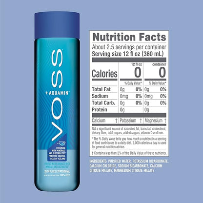 VOSS+ Aquamin Enhanced Water - Pack of 12 Bottles, 850ml Each - Purified Hydrating Water - 74 Trace Minerals & Electrolytes - Perfect for Active Lifestyles, at the Gym & on Hot Days - Recycled PET Bottle