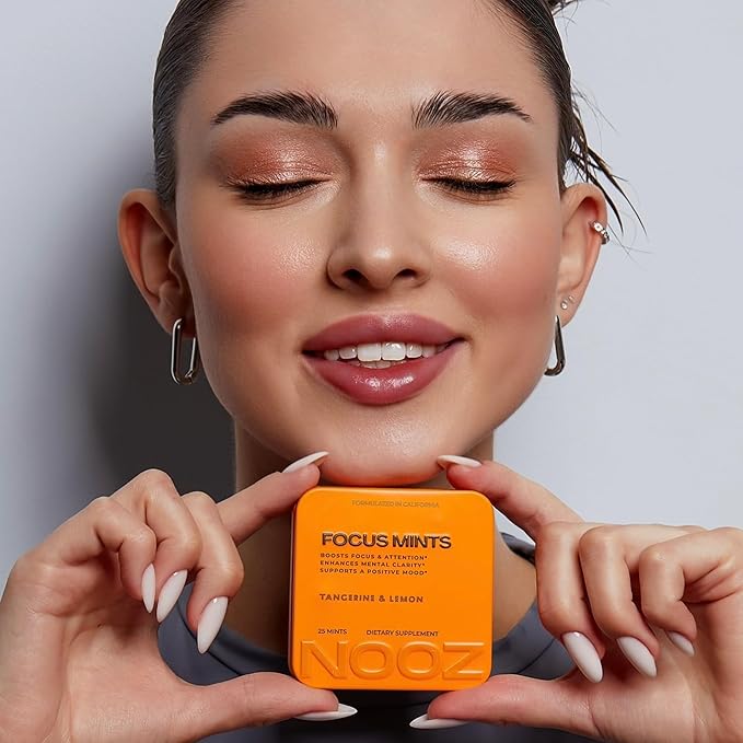 NOOZ Focus Mints - Caffeine-Free Brain Booster for Mental Clarity - Tangerine & Lemon Flavor | Sugar-Free, Travel-Friendly Supplement with Vitamins C, B6, B12 - Non-GMO, Clean Label, 25 Mints