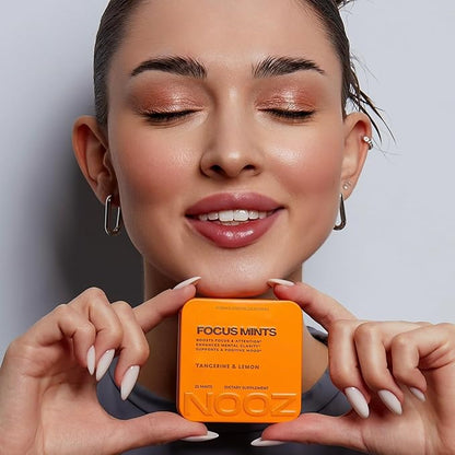 NOOZ Focus Mints - Caffeine-Free Brain Booster for Mental Clarity - Tangerine & Lemon Flavor | Sugar-Free, Travel-Friendly Supplement with Vitamins C, B6, B12 - Non-GMO, Clean Label, 25 Mints