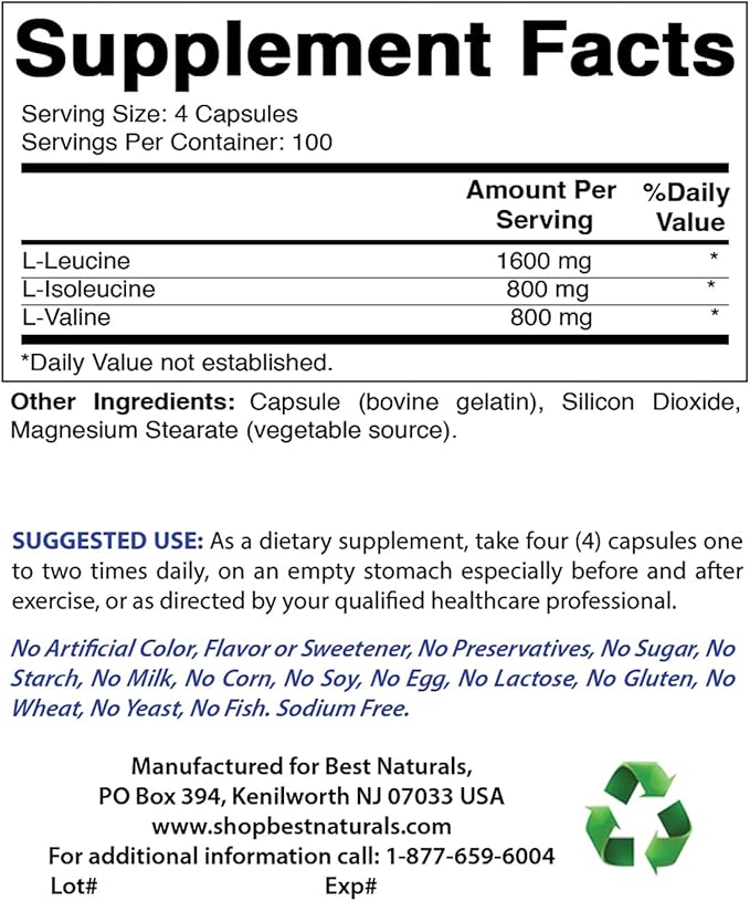 Best Naturals BCAA Branch Chain Amino 3200mg per 400 Capsules 100% Pure