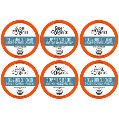 Super Organics Focus Support Coffee Brew Cups With Superfoods & Probiotics Keurig K-Cup Compatible Focus and Adaptogens Medium Roast, USDA Certified, Vegan, Non-GMO Coffee, 60ct