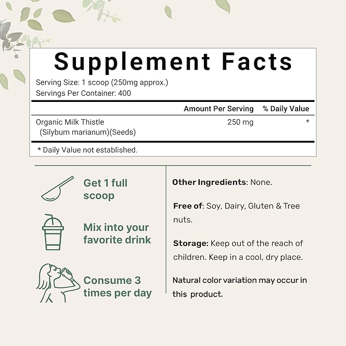 Organic Milk Thistle Tea Powder, 3.5 ounces | 400 Servings | Premium Milk Thistle Liver Detox Supplement | Contains Active Silymarin | Non-GMO, Vegan Friendly, Eco-Friendly Recyclable Bags