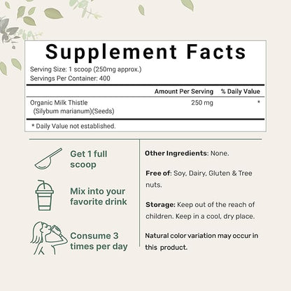 Organic Milk Thistle Tea Powder, 3.5 ounces | 400 Servings | Premium Milk Thistle Liver Detox Supplement | Contains Active Silymarin | Non-GMO, Vegan Friendly, Eco-Friendly Recyclable Bags