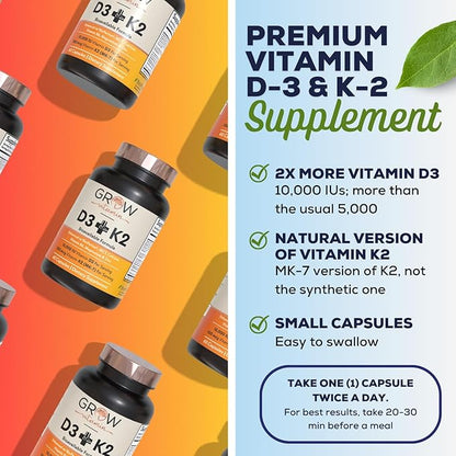 grow vitamin D3 K2 w/MCT Oil - 10,000 IU D3, 100 mcg K2 MK7, Calcium, Zinc, BioPerine, Magnesium for Superior Absorption - 60 Capsules