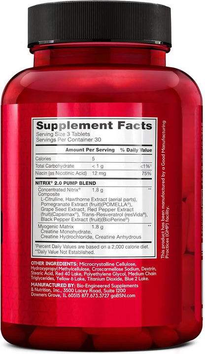 BSN NITRIX 2.0 - Nitric Oxide Precursors, 3g Creatine, 3g L Citrulline - Supports Workout Performance, Pumps, Muscle Recovery and Endurance - 90 Tablets