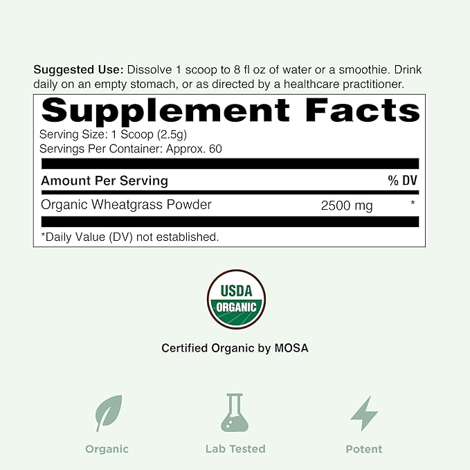 Yuve USDA Organic Wheatgrass Powder - Grown in USA - Raw, Non-GMO, Lab Tested - 100% Whole Leaf - Superfood Rich in Vitamins, Antioxidants & Minerals - Gluten-Free - 2 Months Supply - 5.29oz