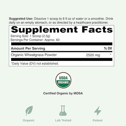 Yuve USDA Organic Wheatgrass Powder - Grown in USA - Raw, Non-GMO, Lab Tested - 100% Whole Leaf - Superfood Rich in Vitamins, Antioxidants & Minerals - Gluten-Free - 2 Months Supply - 5.29oz