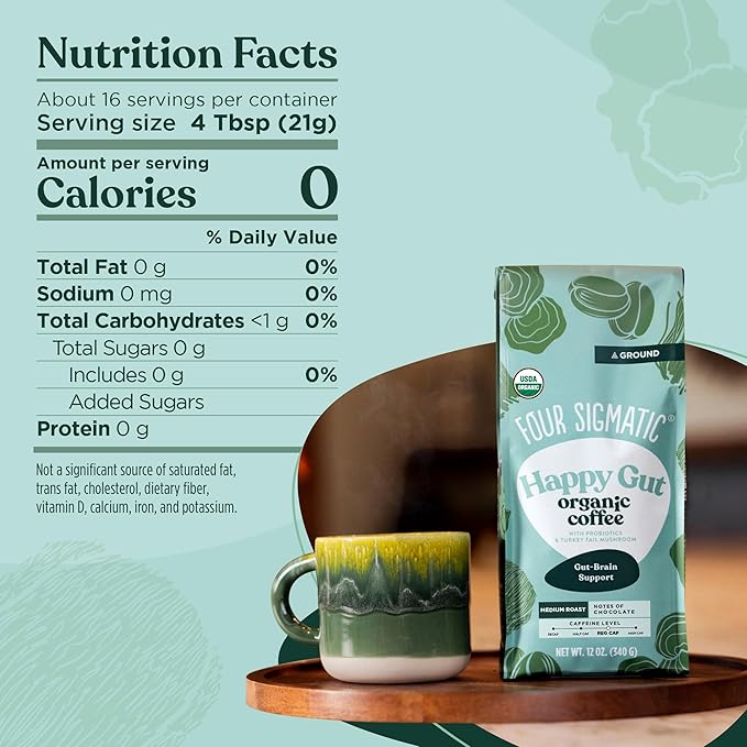 Four Sigmatic Happy Gut Organic Ground Coffee | Medium Roast, Immune Boosting Probiotic Mushroom Coffee with Chaga & Turkey Tail for Gut Health & Immune Support | 12oz Bag