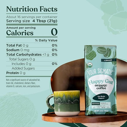 Four Sigmatic Happy Gut Organic Ground Coffee | Medium Roast, Immune Boosting Probiotic Mushroom Coffee with Chaga & Turkey Tail for Gut Health & Immune Support | 12oz Bag