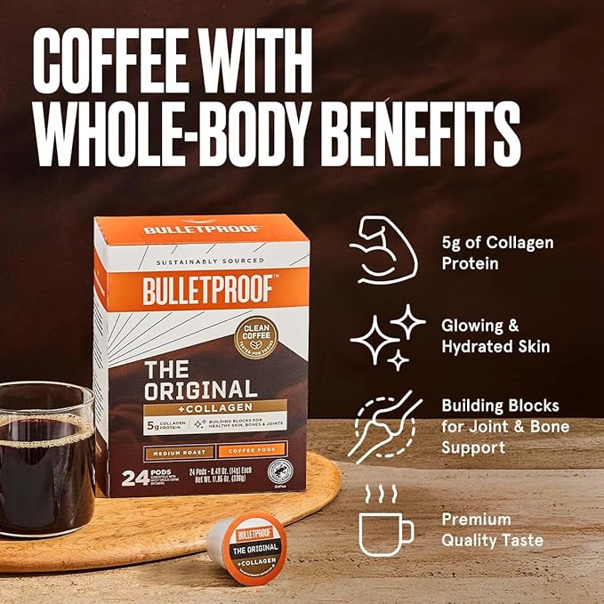 Bulletproof The Original + Collagen Single-Serve Coffee Pods, 24 Count, 100% Arabica Coffee Sourced from Central and South America with Collagen