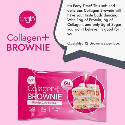 321glo Collagen Protein Brownie | Gluten Free, Low Sugar | Keto Snack for Women, Men, & Kids | 16g Protein, 6g Collagen | 12 Pack (Birthday Cake Blondie)