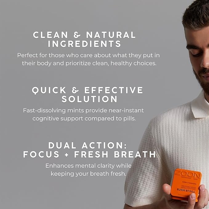 NOOZ Focus Mints - Caffeine-Free Brain Booster for Mental Clarity - Tangerine & Lemon Flavor | Sugar-Free, Travel-Friendly Supplement with Vitamins C, B6, B12 - Non-GMO, Clean Label, 25 Mints