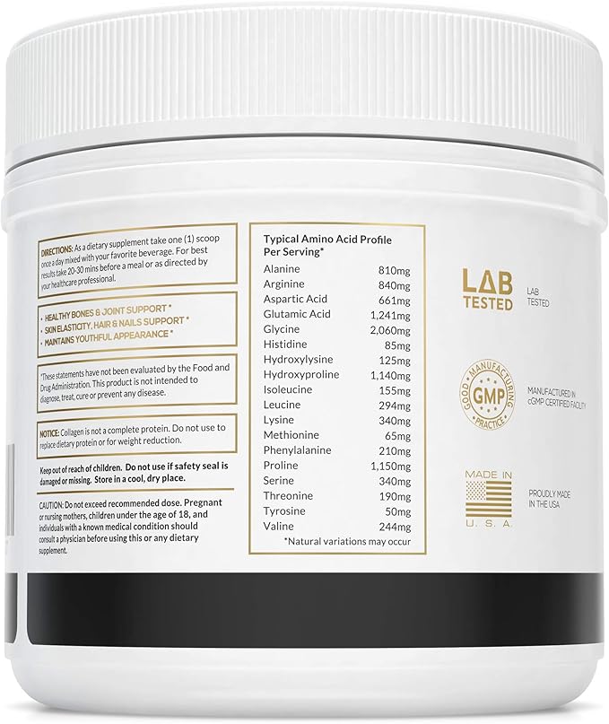 Collagen Peptides Powder Unflavored 1LB Jar 16OZ Grass 18 Amino