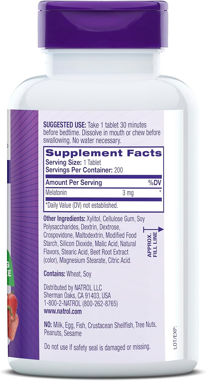 Natrol Melatonin 3mg, Strawberry-Flavored Dietary Supplement 200 Fast-Dissolve 200 Day